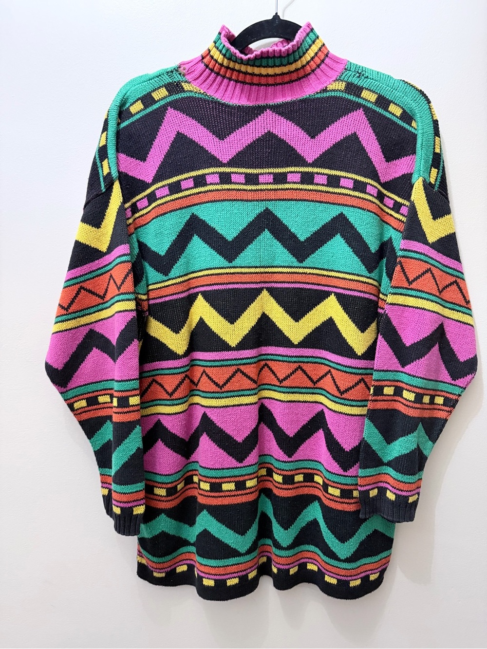 Vintage Neon Colorful Abstract Pattern Design Mock Neck Knit Sweater Funky XL